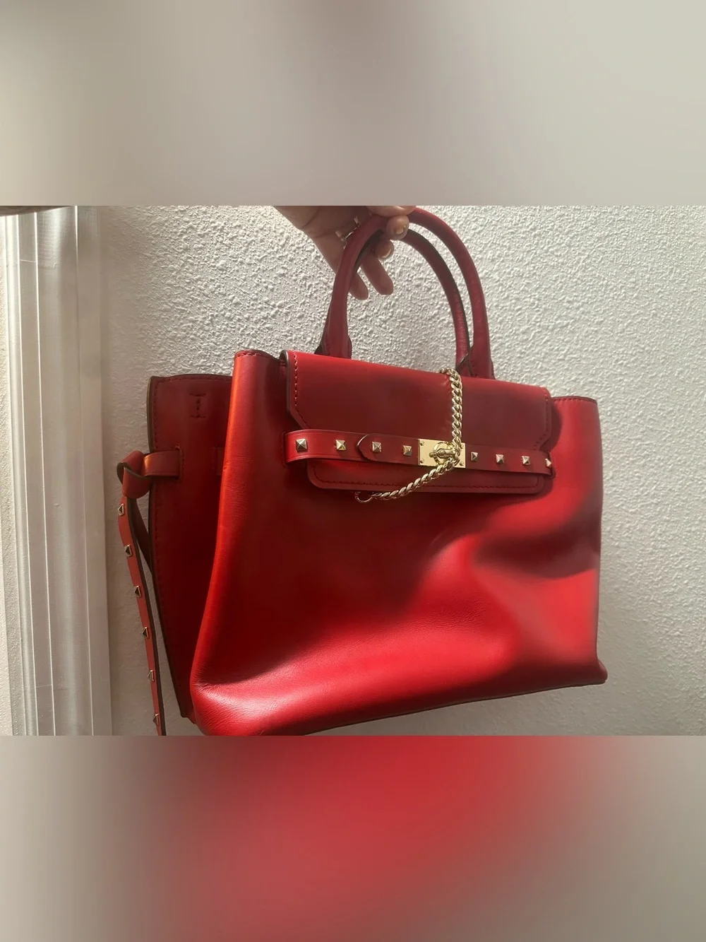 Michael Kors Red Leather Satchel with Gold Chain and Stud Accents